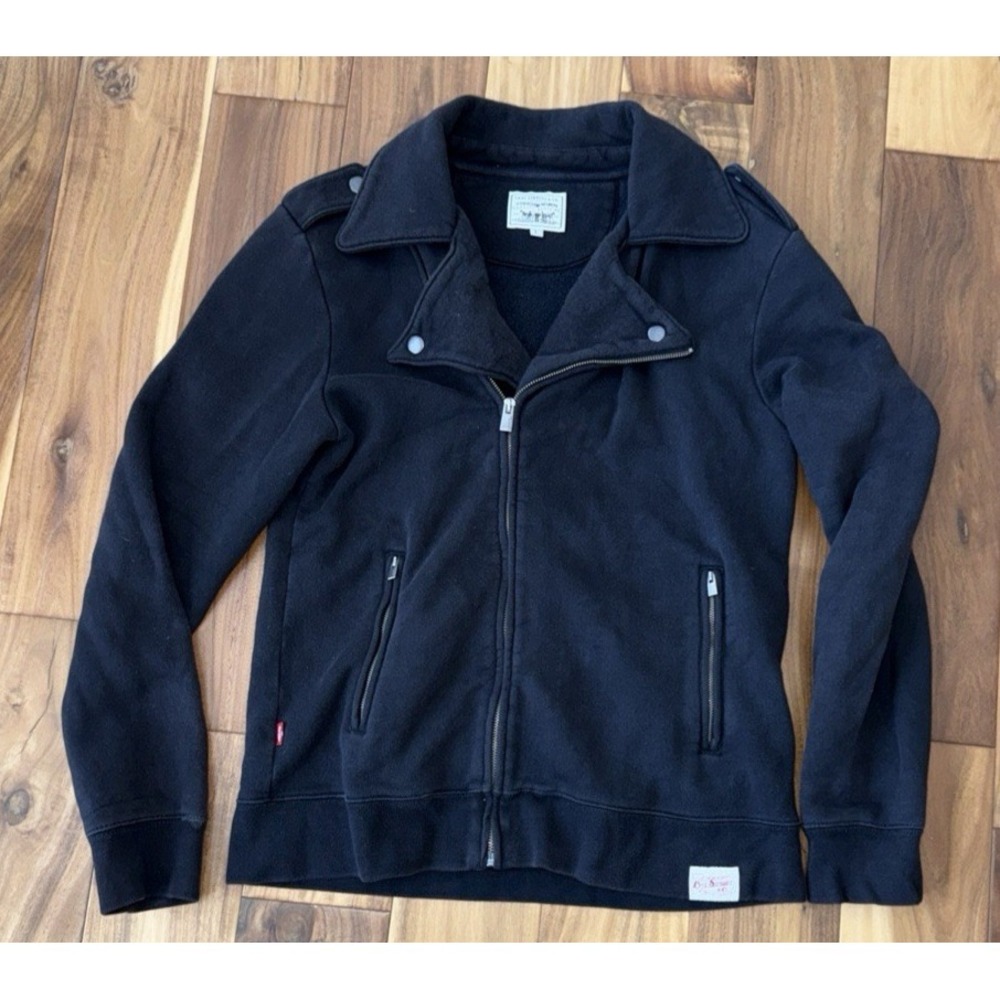 Vintage Black Levi Double Collar  Zip Up Moto Punk Rock  Sweatshirt Jacket Large